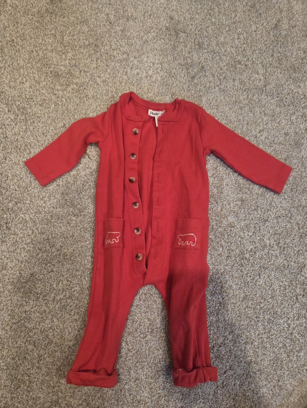 Hatley Baby Red Ribbed One-Piece with Bear Pockets | 3-6M